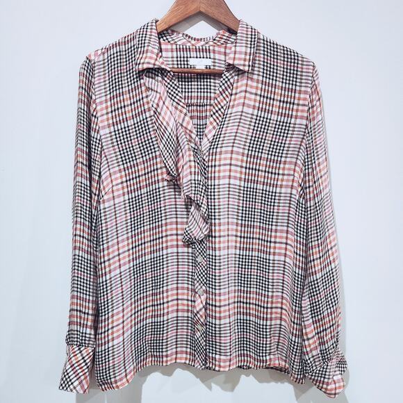 J. Jill Ruffled Tearose Brown Black Plaid Button Up Collard Blouse Size Medium - Picture 1 of 9
